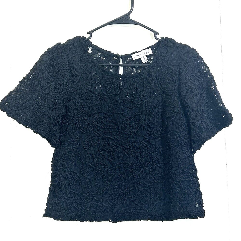 She + Sky Black Lace Crop Top Women's Size S Short Sleeve Blouse